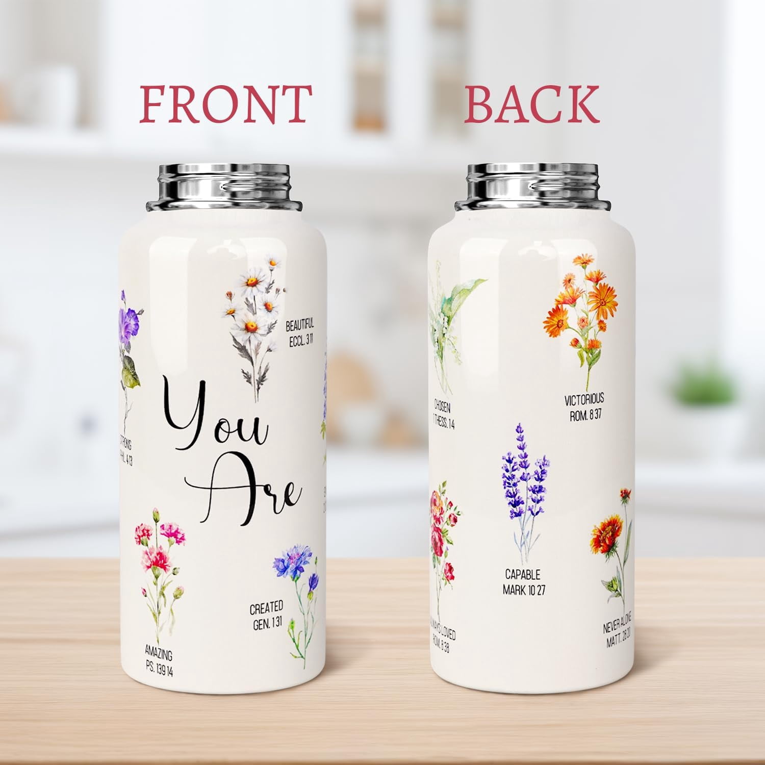 Christian Insulated Water Bottle 32oz, Religious Gift for Women Girls - Flip Straw Thermos Cup with Handle, Inspirational Scripture Design