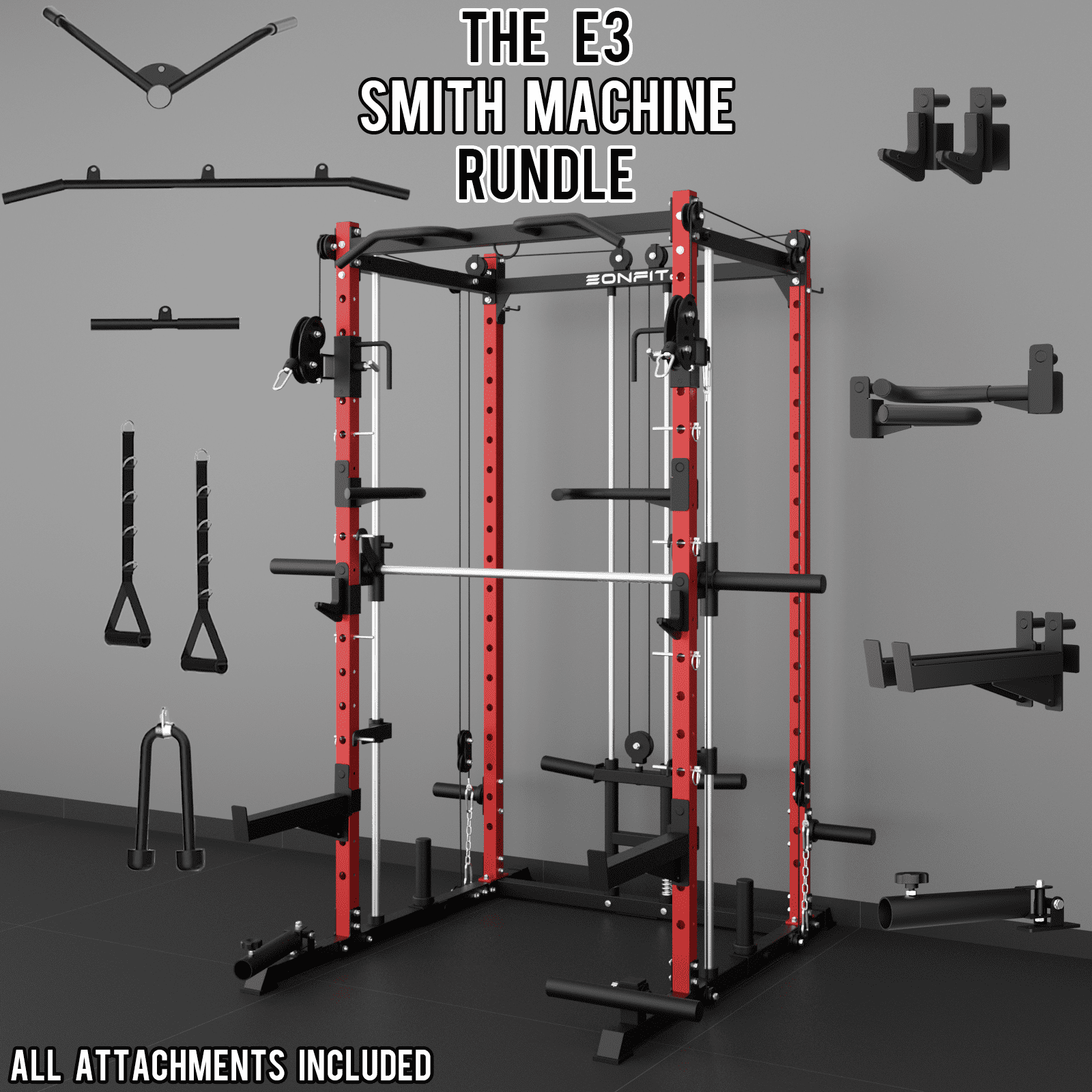 Eonfit E3 Smith Machine for Home Gym Equipment, Multi-Function Power Cage Squat Rack with Cable Crossover LAT Pulldown Pulley System All in One (E3 RED STD)