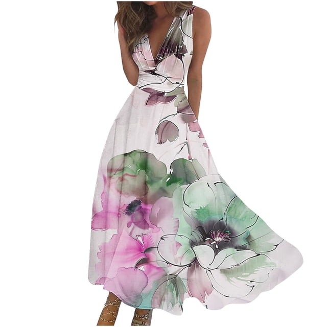RKSTN Robes d'Invitée de Mariage pour Femmes Mode Décontractée Amples Grande Taille Évasées Robes d'Été Décontractées Bohèmes à Imprimé Floral Sans Manches à Col en V Poitrine Enveloppée Robes de Cocktail