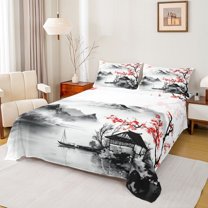 Homewish Red Peach Blossom Bed Sheets,Japanese Fuji Mountain King Sheets,Japanese Style Sheet Set For Men Women,Super Cozy Room Decor,4pcs