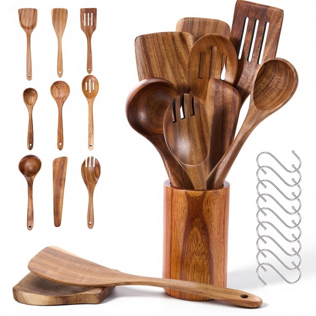 11pcs Juego de Utensilios de Cocina con Bandeja, Balde de Almacenamiento Y 9 Ganchos, Set Multifuncional de Cucharas para Cocinar, Utensilios Cocinas Saludables, Cucharas para Cocinar con Asa C&oa