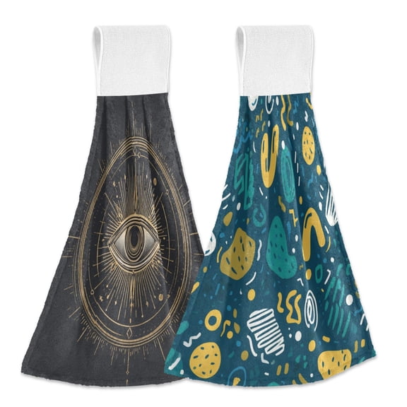 IAUYY Kitchen Hanging Towels Set of 2 100% Polyester Absorbent, Super Soft Hand Towels with Hanging Loops for Bathroom Kitchen The Aesthetics Teal Mustard Yellow