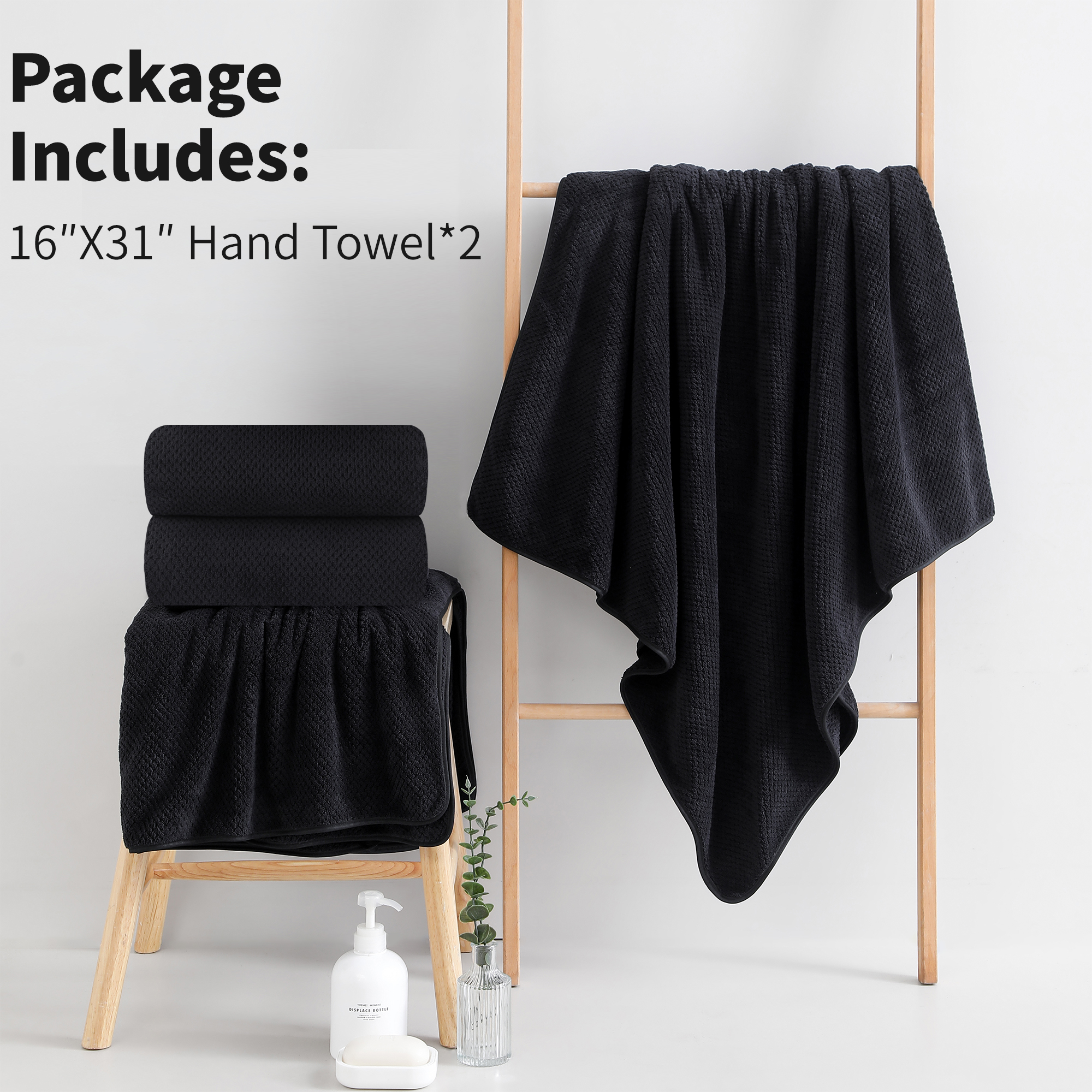 Jessy Home 2 Pack-16"x31" Black Hand Towels Set Ultra Soft 200 GSM Hand Towel Set