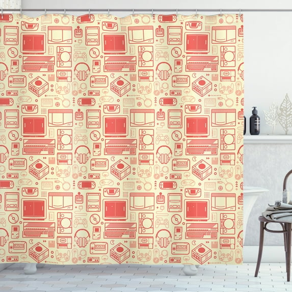 Ambesonne Retro Shower Curtain, Retro Gaming Objects, 69"Wx75"L, Dark Peach and Cream