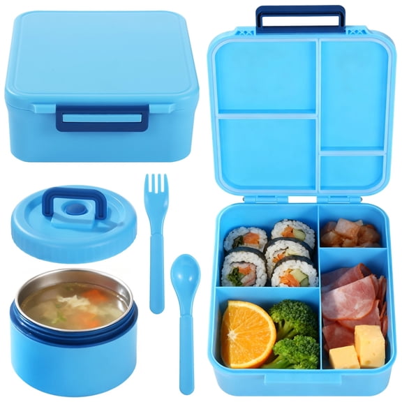 Blue 4 Compartment Bento Box with Soup Container, Scoop and Fork, Insulated Leak-Proof Lunch Container for Youngsters, 8.7" x 7.1" x 3" for Travel