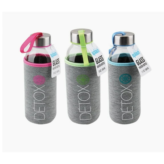 Splash Glass Bottle 12.85oz with Chrome Top & Detox Sleeve - 3 Pack