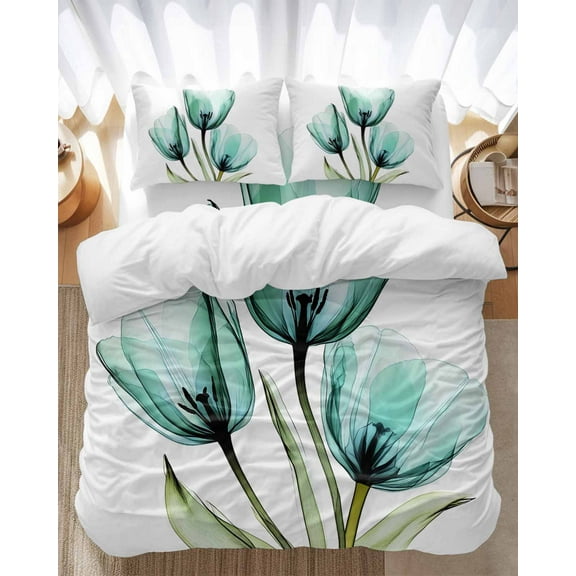 Teal Tulips Bedding Duvet Cover Set Full Size 4 Pieces Transparent Floral Botanical Leaf Flower Bedding Set with Zipper Closure, 1 Comforter Cover 86x86 Inches 1 Flat Sheet & 2 Pillow Cases