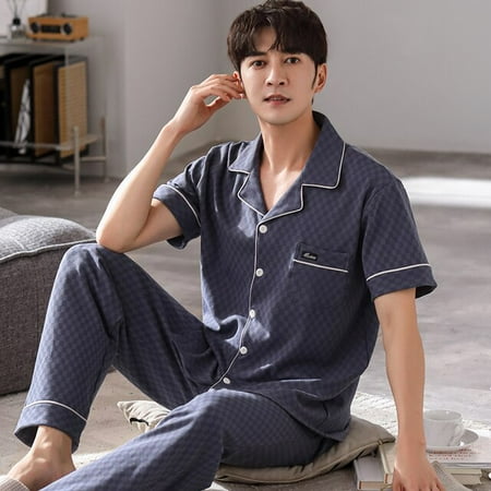 

DanceeMangoo Men Sleepwear Set Short Sleeve Long Pant Male Pajama Set Father Pure Full Cotton Pajamas for Men Underwear Clothes Home Wear Pjs