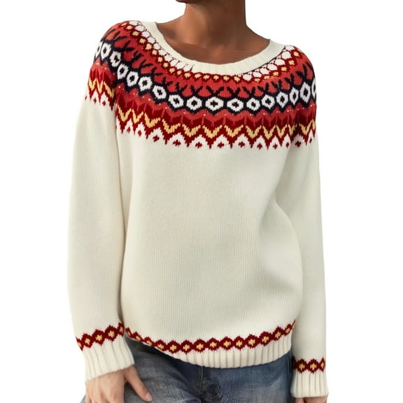 Wdgfv Holiday Women's Pullover Sweater Women's Soft Knit Pullover Sweater Color Block Round Neck Loose Fit Cozy Winter Fall Fashion Tops Comfortable Stretchy