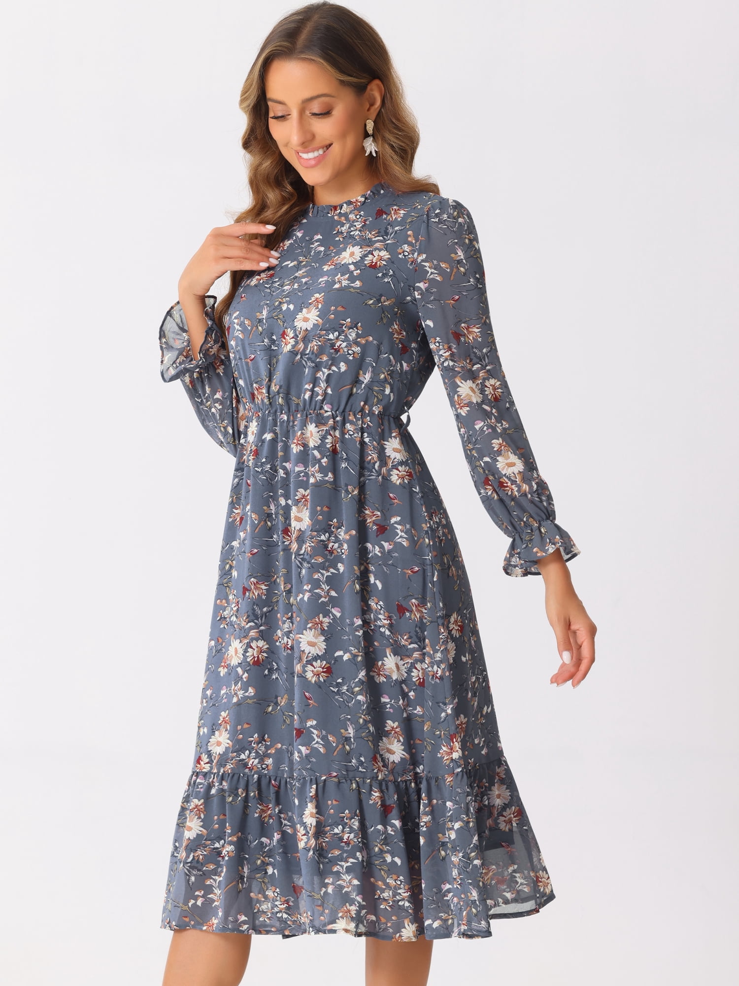 DARING DIVA Fall Floral Long Sleeve Chiffon Midi Dress L Grey Blue