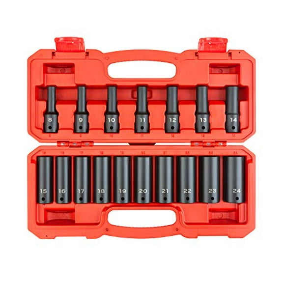 TEKTON 1/2 Inch Drive Deep 6-Point Impact Socket Set, 17-Piece (8-24 mm) | SID92329
