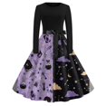 thumbnail image 2 of Halloween Dresses for Women Ghost Hepburn Long Sleeve Retro Tea Length Dress Pumpkin Cocktail Crew Neck Spooky Swing Dress with Belt M, 2 of 6