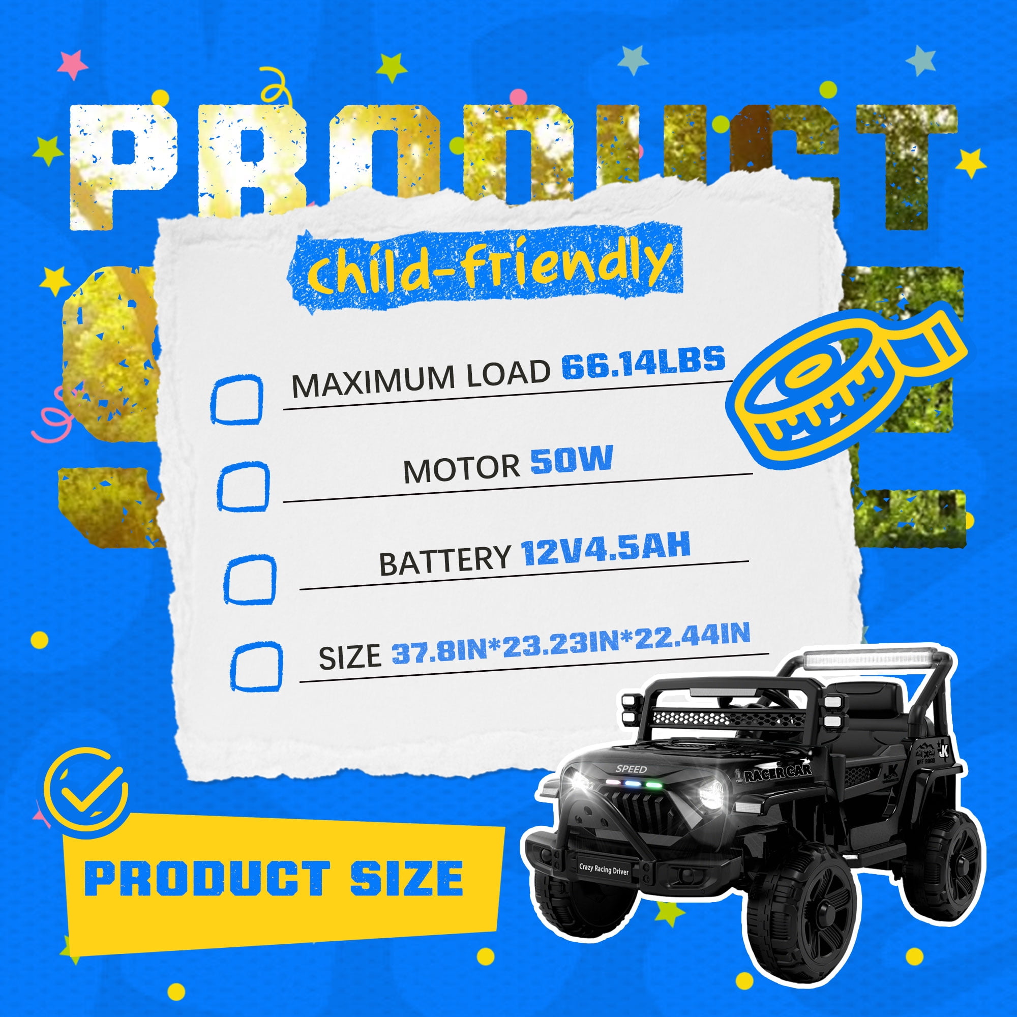 Xuanlur 12V Ride on Truck Car for Kids, 12V Kids Electric Car w/ Remote Control, 4 Wheel Suspension, Bluetooth, Power Display, 3.5 Mph Max Speed, Battery Powered Ride on Toys for Aged 3+(Black)