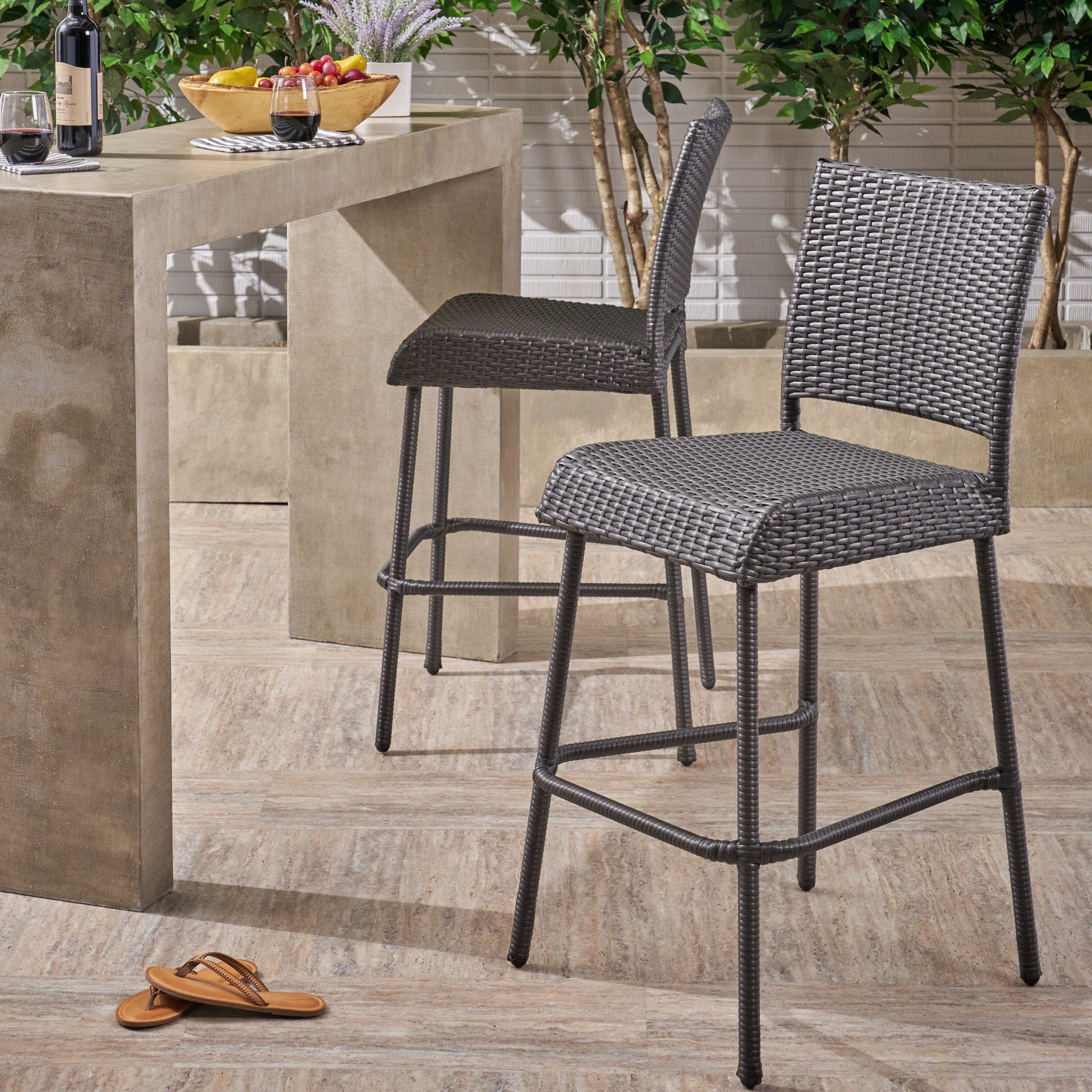 Armless Barstools 29 Inch Set of 2, Outdoor PE Rattan Stools for Patio Bar, Grey