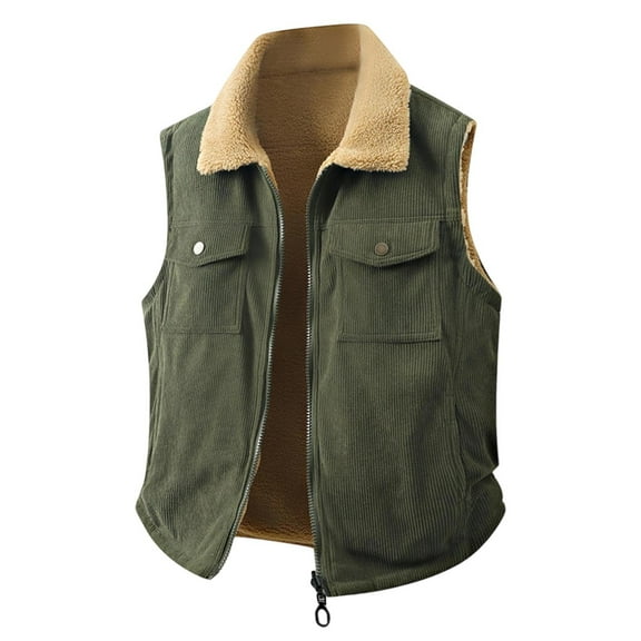 ZCFZJW Winter Reversible Vest for Men Sherpa Lined Vest Lapel Fleece Jacket Vests Casual Padded Vest Coats Plush Thickedn Warm Vest Gilet Army Green M