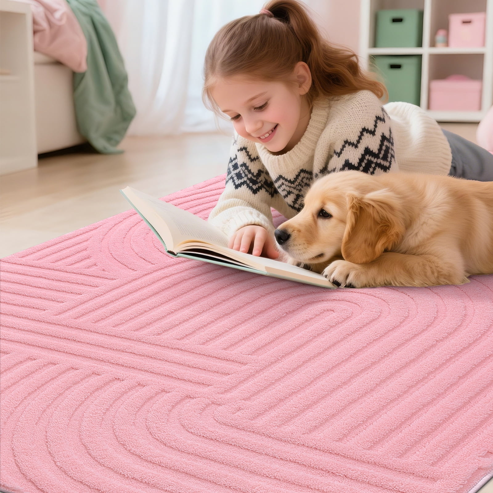 5' x 7' Geometric Pink Area Rug Washable, Durable Non-Slip Indoor Carpet with Soft High-Low Pile, Fluffy Floor Rugs for Living Room, Bedroom, Home Office Décor