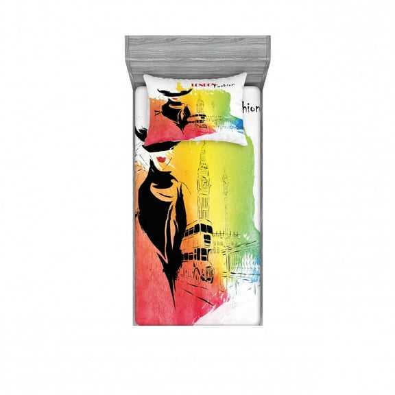 Ambesonne Vintage Fitted Sheet & Pillow Sham Set, London Fashion Lady, Twinxl, Multicolor