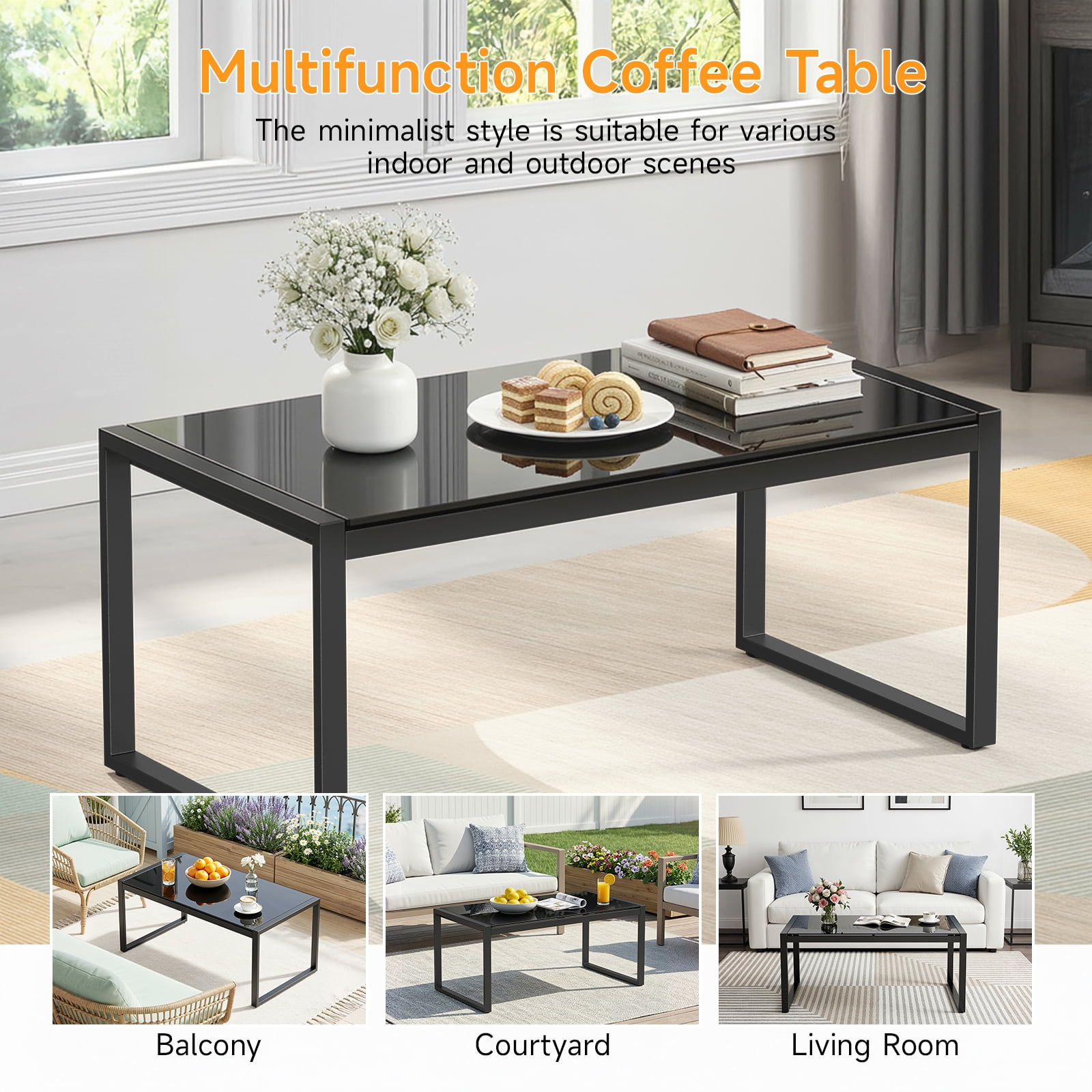 Dovov Outdoor Patio Coffee Table with Glass Top, All Weather Metal Rectangle Coffee Table Indoor Outdoor Glass Table for Patio Living Room, Black
