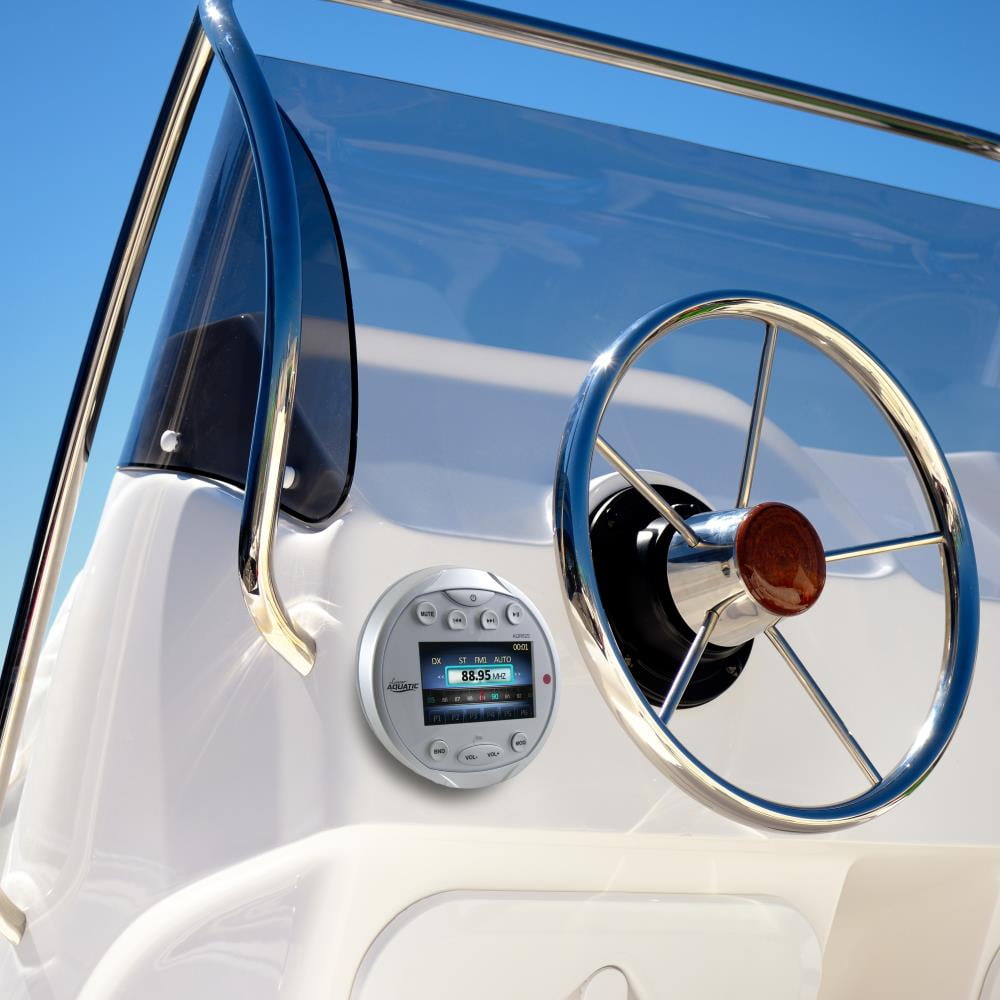 Lanzar Waterproof Marine Stereo Receiver - 4x28 W Round Boat In-Dash Radio System AQR82S (SILVER)