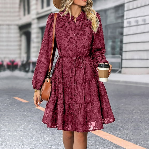 ClodeEU Women's Lace Button Front Long Sleeve Dress ,Solid Color Elegant Casual Midi Dress Wine,Womens Plus XL
