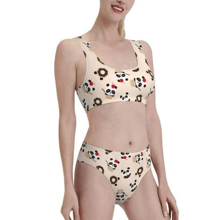 Uemuo Panda Ice Creams Donuts Printed Women s High Waisted Bikini Sets Sporty Two Piece Swimsuits Color Block Cheeky High Cut Bathing Suits-Large