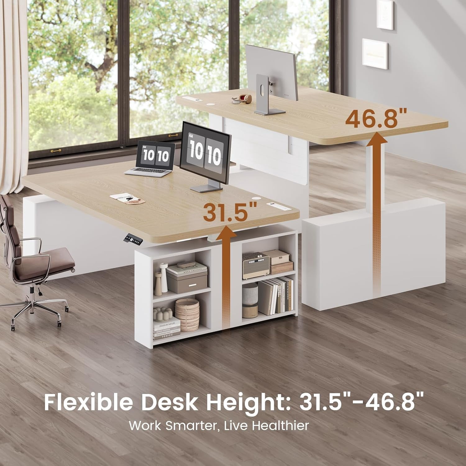 SEDETA 63" Standing Office Desk with Storage, Height Adjustable Executive Desk witj Power Outlets & Open Shelves, Large Computer Desk with Privacy Panel for Home Office, White