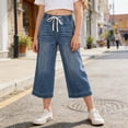 thumbnail image 6 of Blekii Petite Fit Cropped Wide Leg Jeans with Elastic Waist And Drawstring Casual Denim Pants Blue 130, 6 of 9
