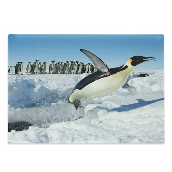 Penguin Cutting Board, Penguins Pole Wildlife Swimming Flying Dancing Family Group Icebergs Antarctica, Decorative Tempered Glass Cutting and Serving Board, Large Size, Multicolor, by Ambesonne