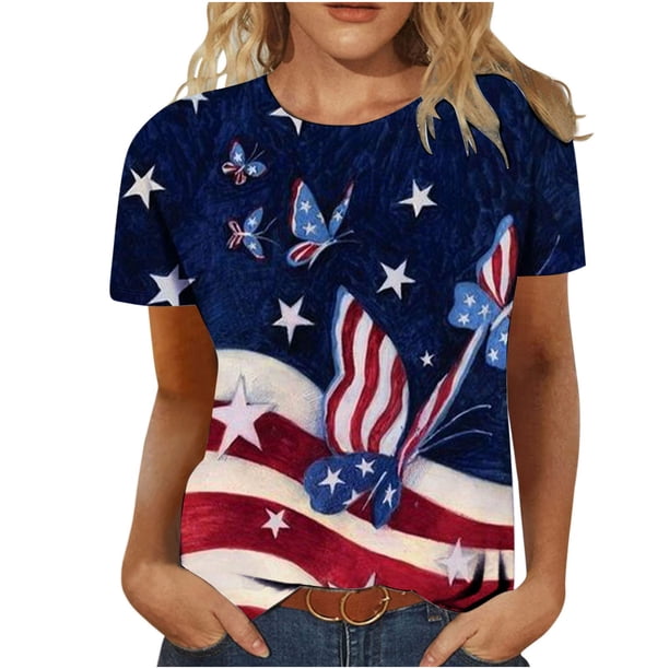 Tops Para Mujer Blusa Casual Elegante Camisas Día de La Independencia Camiseta de Cuello Redondo de Moda Impreso Manga Corta Odeerbi ODB168087