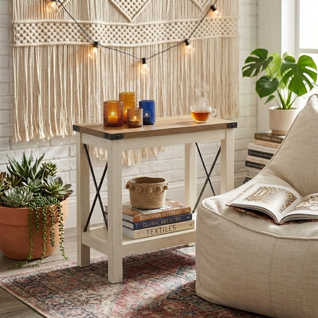Ledrem 2 Tiers Side Table, Sofa Accent Table, Compact Nightstand with Underside Storage Rack, Rustic White & Honey Brown