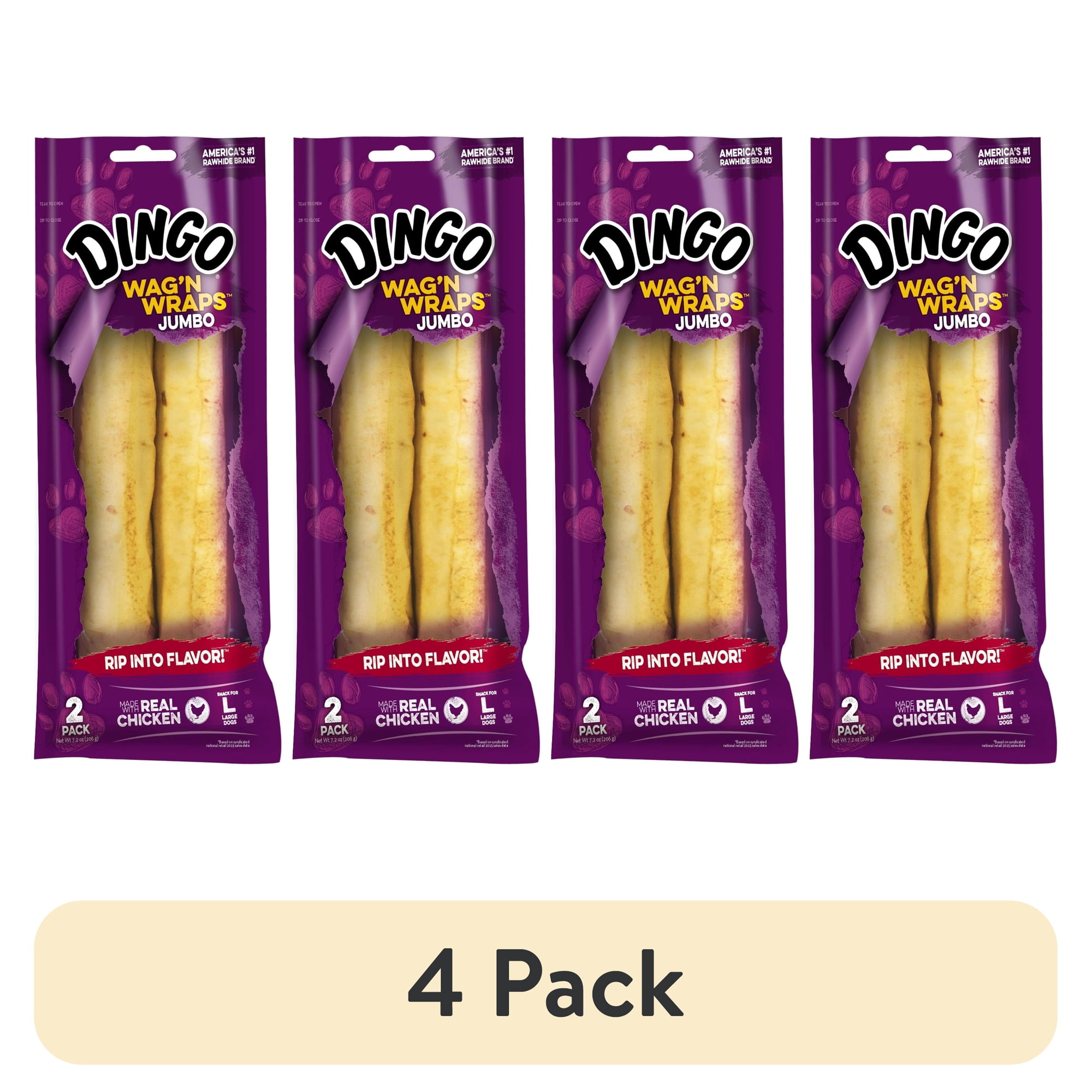 (4 pack) Dingo Wag 'N' Wraps Jumbo Dog Chew with Real Chicken, 2-treats