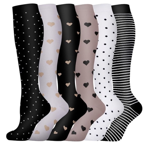 suxuMhao Socks, Gray Multi Color Polka Dot Stripes Calf & Knee High Sports Socks Set, Khaki Brown Black Large Size L/XL Compression Socks, 6 Pairs Stretch Knit Hosiery for Walking Fitness and Daily