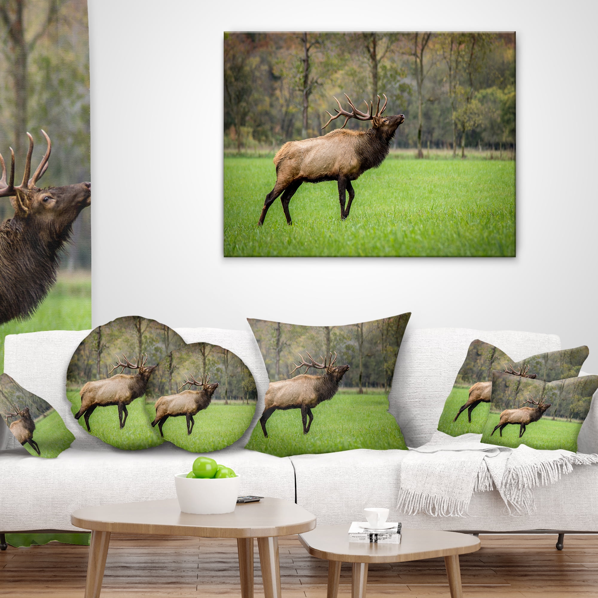 Designart Trophy Bull Elk in Green Grassland - Animal Throw Pillow - 18x18