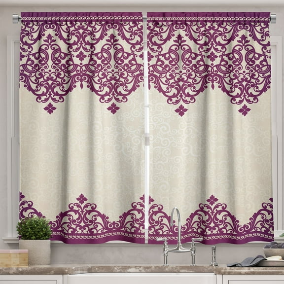 Ambesonne Turkish Pattern Kitchen Curtains, Rococo Spiral, 55"x39", Fuchsia Beige