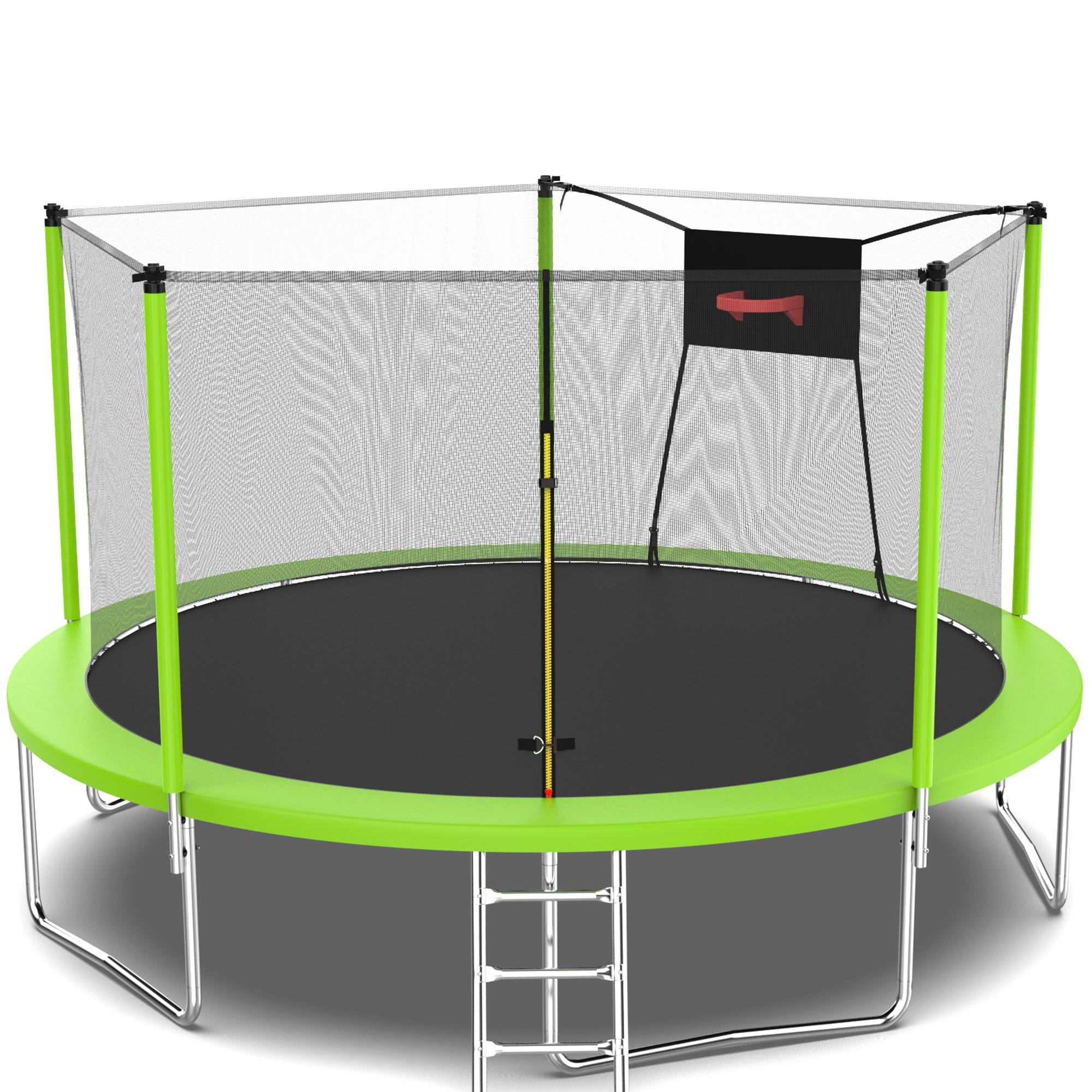 14FT Trampoline for Kids Adults, Seizeen Round Trampoline with Enclosure Net, 2-IN-1 Outdoor Trampoline w/Hoop, Ladder, Waterproof Mat