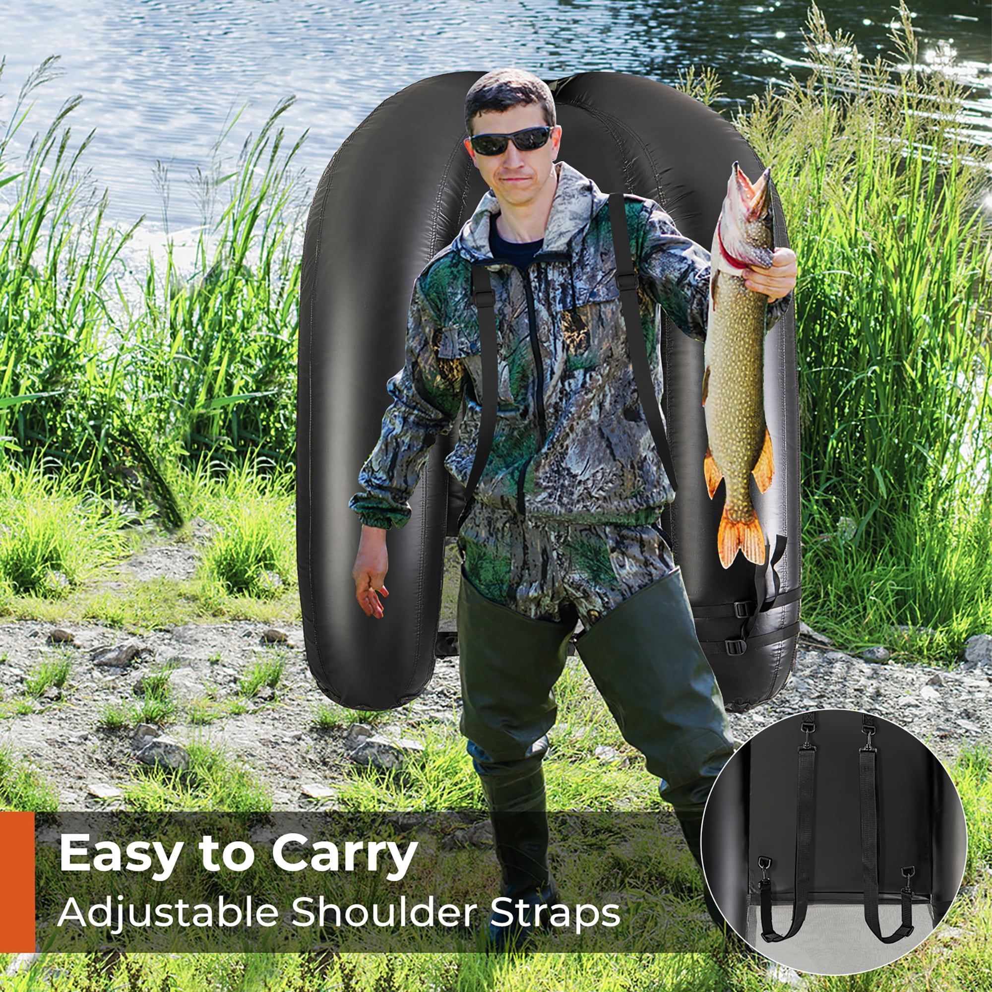 Gymax Inflatable Float Tube w/ Fish Ruler Rod Holder Storage Pockets Flippers Paddle
