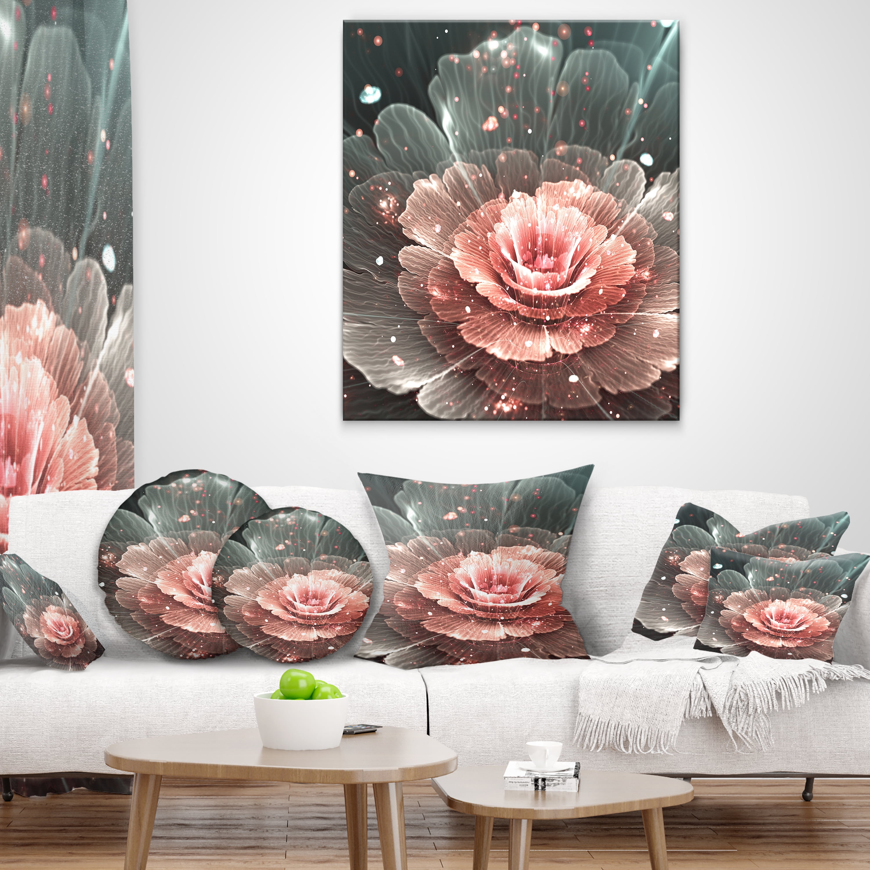 Designart Abstract Fractal Pink Gray Flower - Floral Throw Pillow - 18x18
