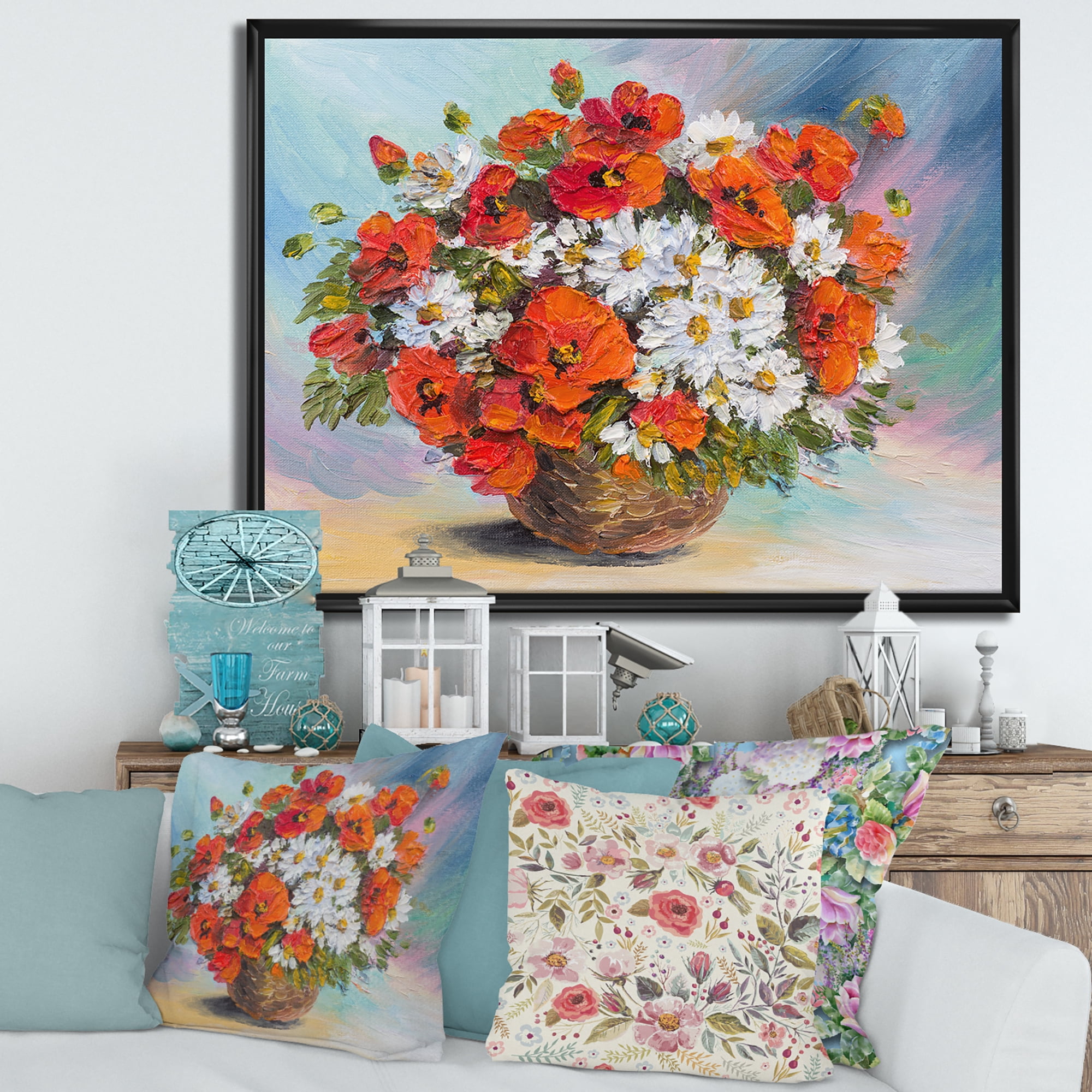 Designart 'Still Life Bouquet Of Daisies and Poppies' Traditional Framed Canvas Wall Art Print
