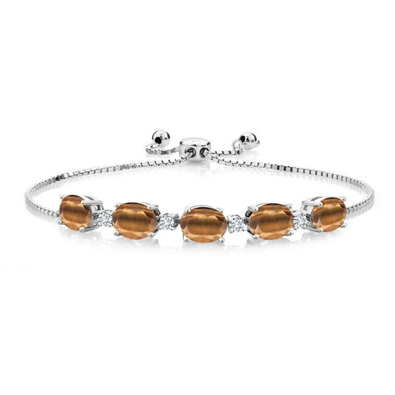 Gem Stone King 6.51 Ct Oval Brown Tiger Eye E-F Lab Grown Diamond 925 Sterling Silver Bracelet for Women