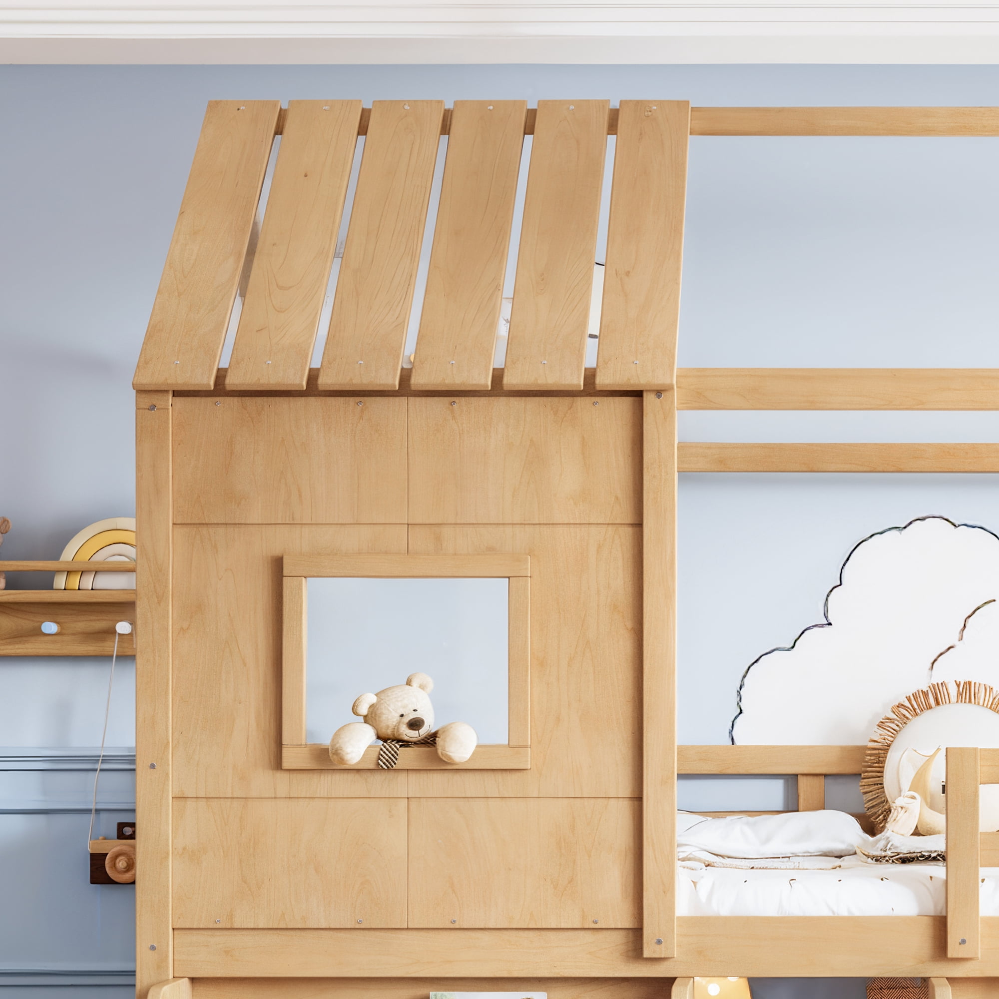 Leumius Twin Size Loft Bed with Storage Shelves and Stairs, House Loft Bed with Playhouse Shape Roof and Window, Childlike and No Box Spring Needed Design, Natural