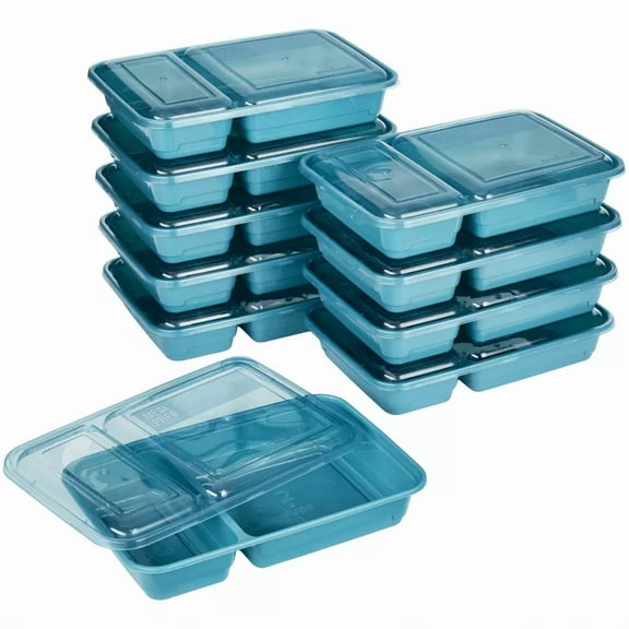 Meal Prep 2 Compartment Rectangle Containers Lids - 3Cups - 20pcs/10ct - Dark Teal