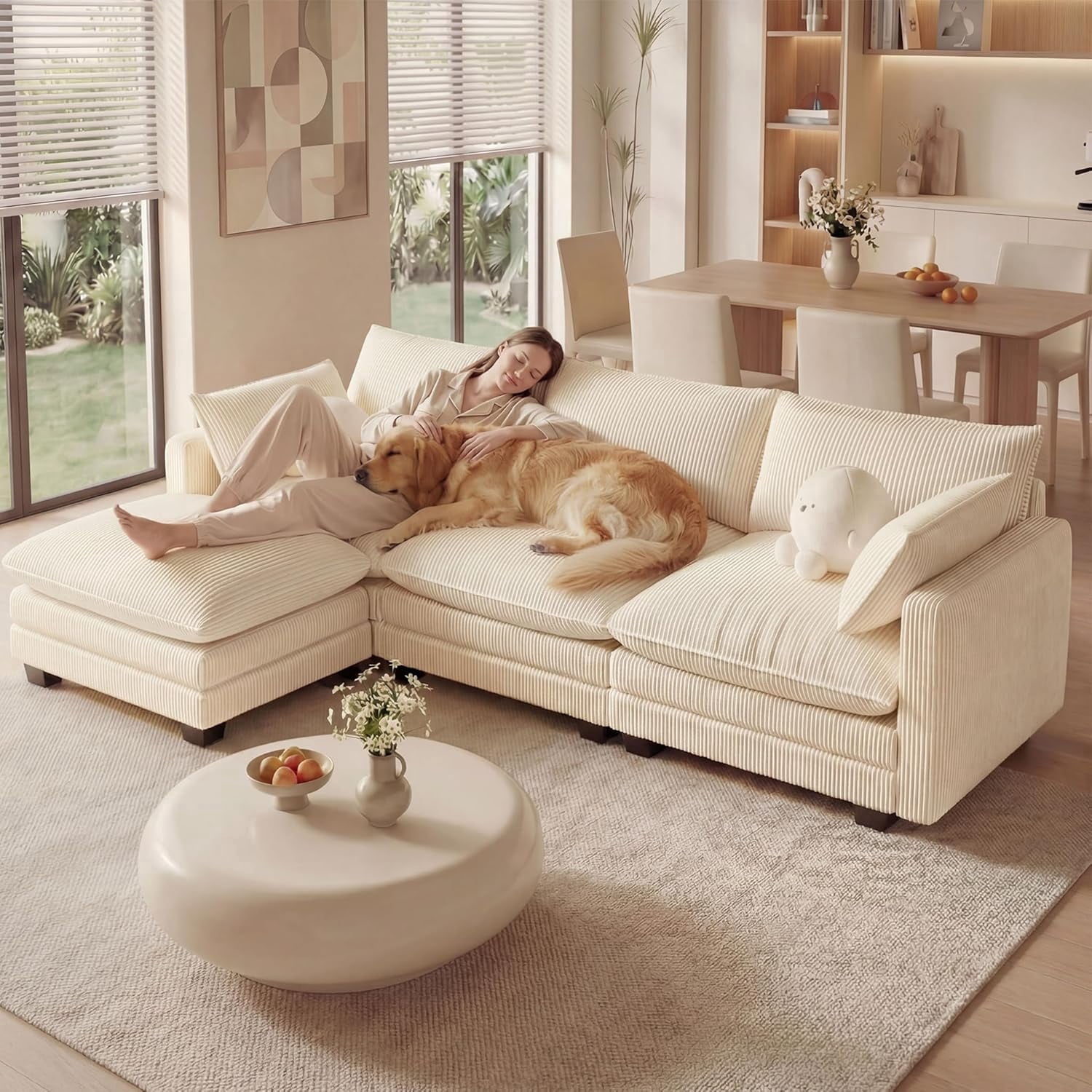 110'' Oversized L Shaped Corduroy Cloud Couches with Ottoman and Washable Cover for Living Room, Modern 4 Seater Cloud Sofa with Comfy Deep Seat and Throw Pillows for Apartment, Beige