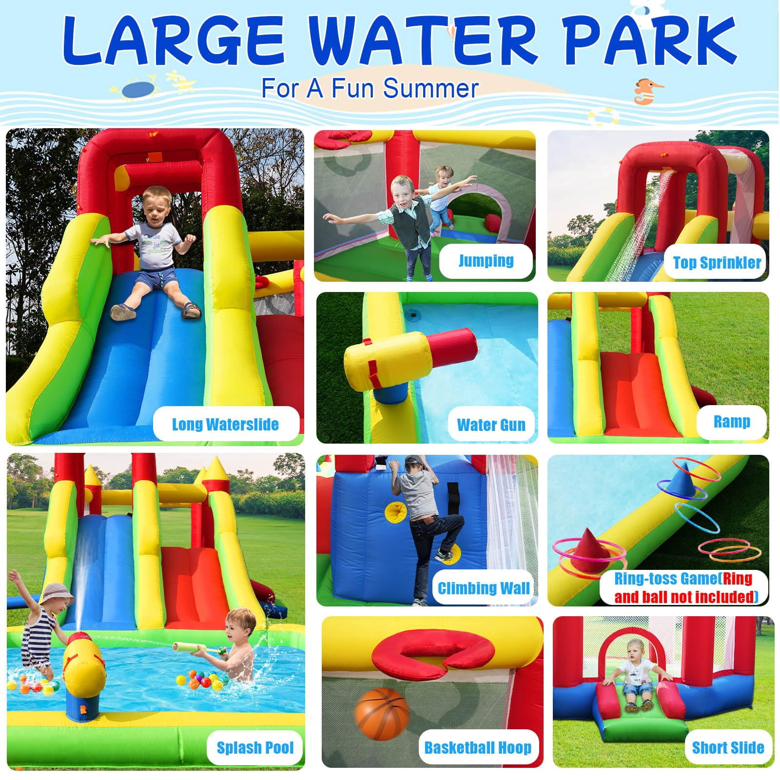 10-in-1 Inflatable Water Park Giant Backyard Play Center with 2 Slides