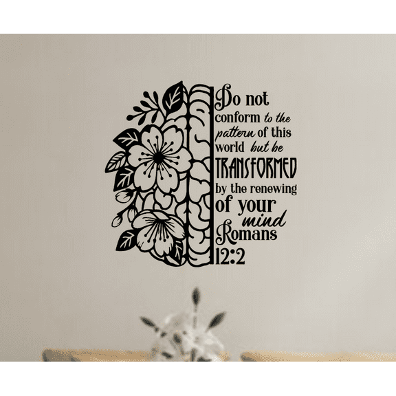 Romans 12:2 Bible Verse Wall Decal, Floral Design with Scripture Quote, 11.8in W x 11.5in H, Black
