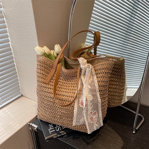 Handwoven Straw Tote Bag - Large Capacity Summer Beach Bag, Fresh Rural Style Woven Handbag for Women & Men, Lightweight Shoulder Bag for Daily Use & Travel khaki