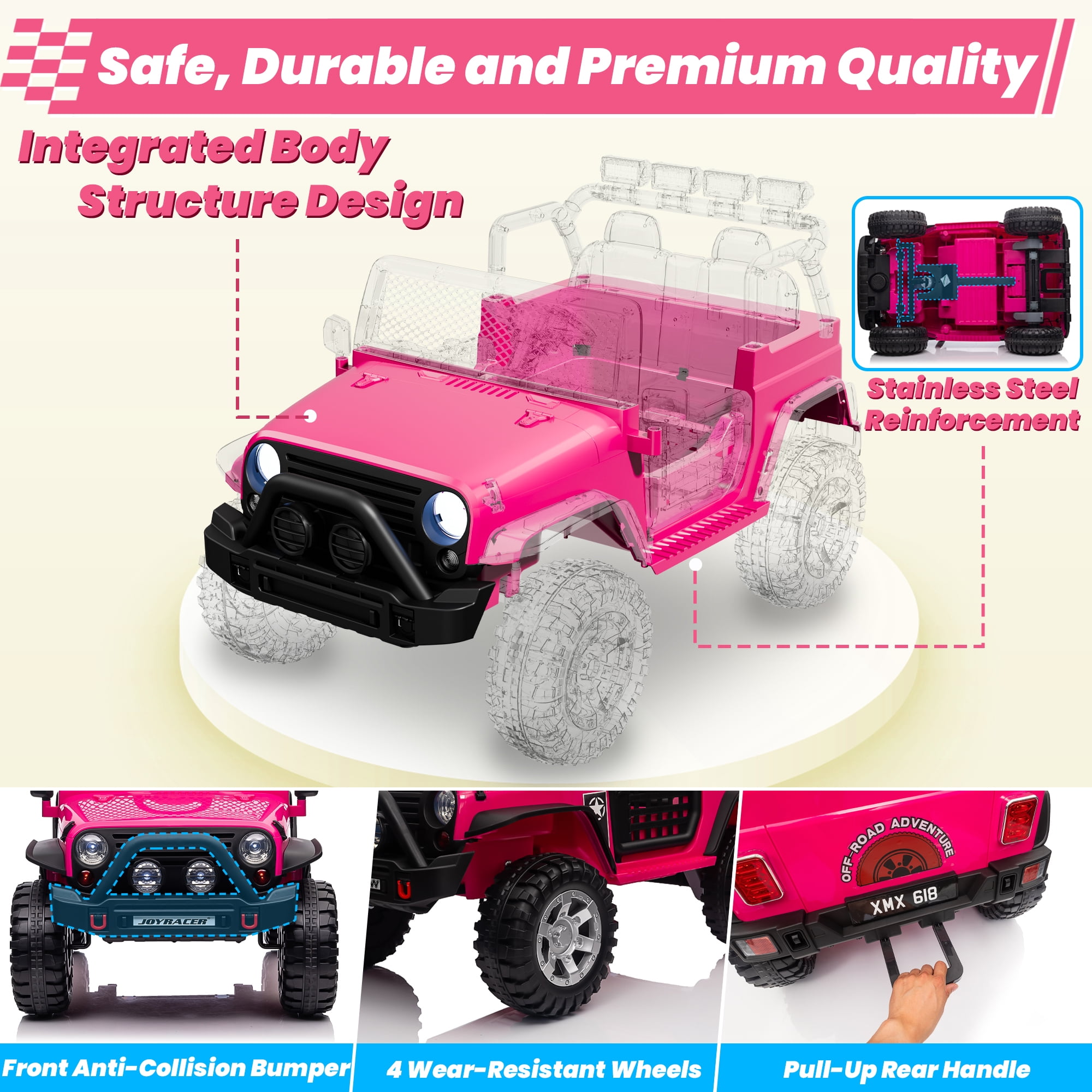 Joyracer 24V 2 Seater Kids Ride on Truck with Remote Control, 4×200W Motor, Electric Battery Powered Toys Car w/ 4 Wheels Spring Suspension, 3 Speeds, LED Lights, Bluetooth Music, Rose Pink