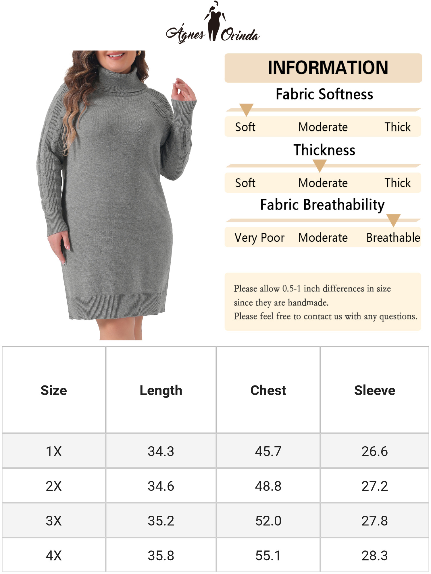 DARING DIVA Plus Size Long Sleeve Turtleneck Warm Pullover Mini Dress 3X Gray