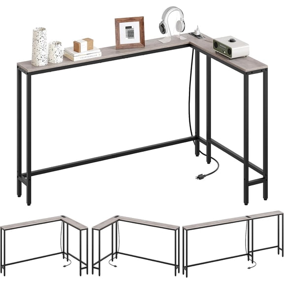 Narrow Console Table with Outlets, 70.9" Sofa Table Narrow Long, L Shaped Behind Couch Entryway Table with Charging Station, for Living Room, Hallway, 3 Assembly Options, Greige CT07UBG
