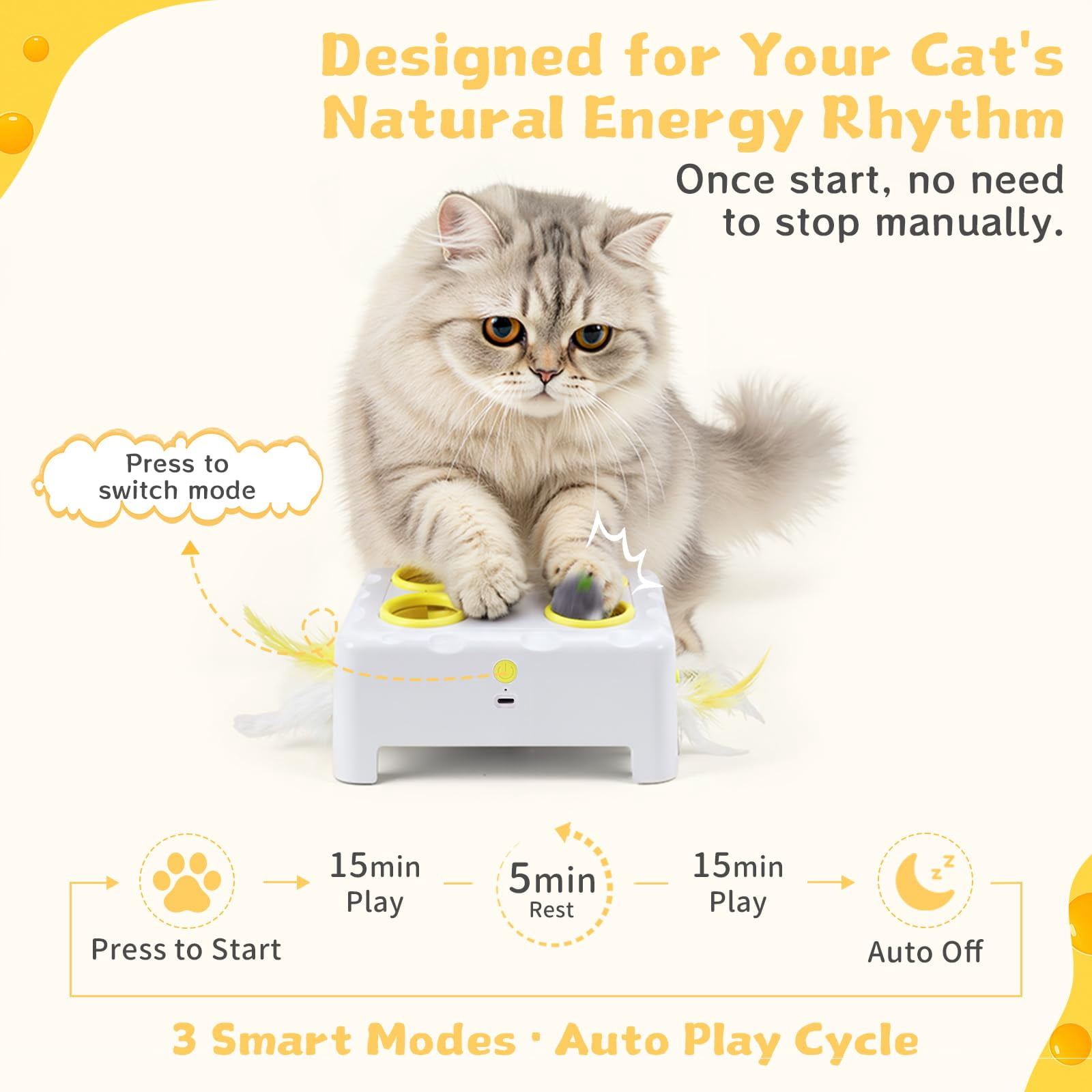 Cheese Box Interactive Cat For Indoor Cats  3-in-1 Whack A Mole 3 Modes Rechargeable Auto Toys Bored 4 Holes Kitten 4 Accessories (white)