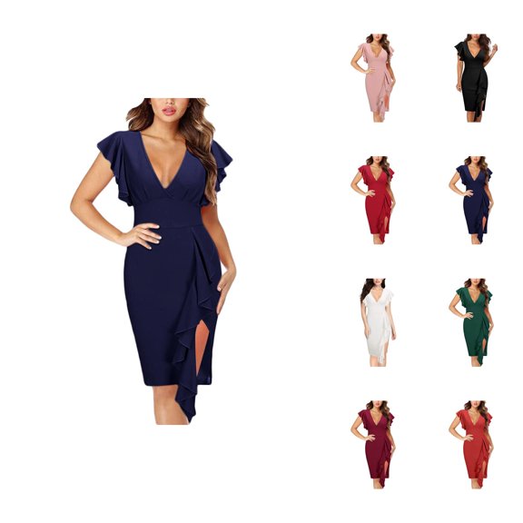 Evening Dresses for Women Wedding Guest Dresses Women's Sexy Deep V Neck Slit Flared Skirt Dress